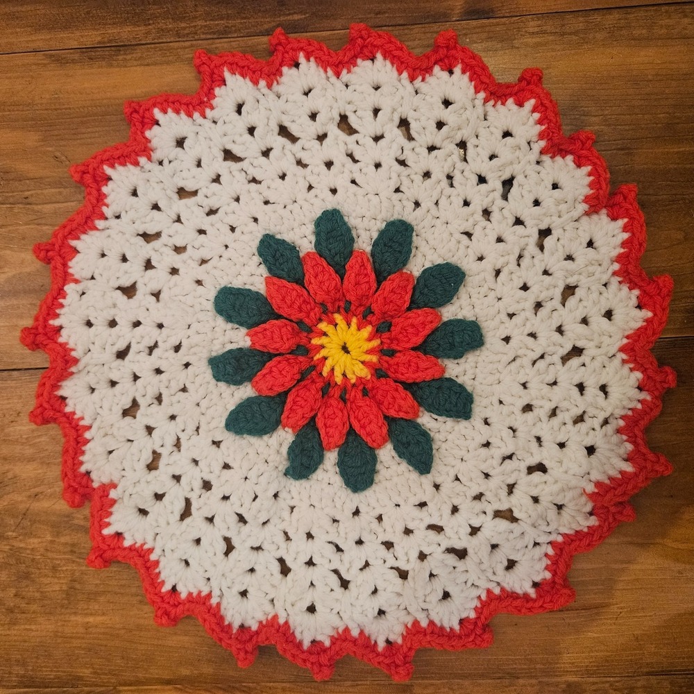 Vintage Handmade Crochet Christmas Poinsettia Doily Red Green White 13" Round